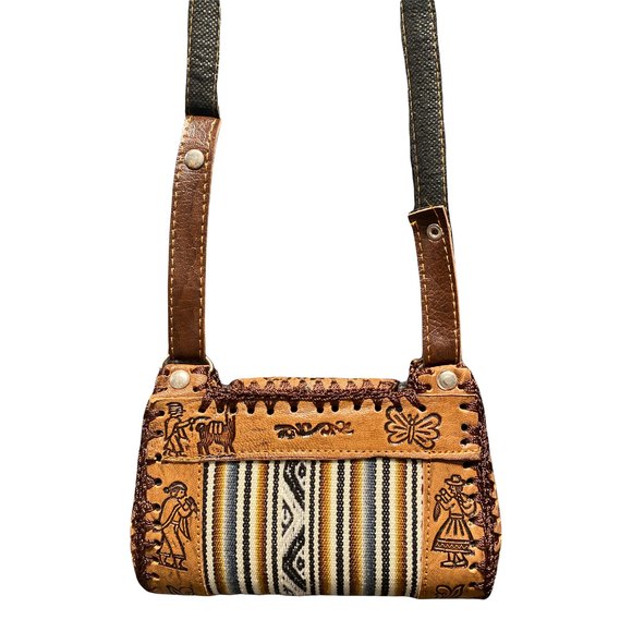 Handmade Purse Bolivia Hand Tooled Leather & Canvas Llamas Alpacas Butterfly - Picture 3 of 9